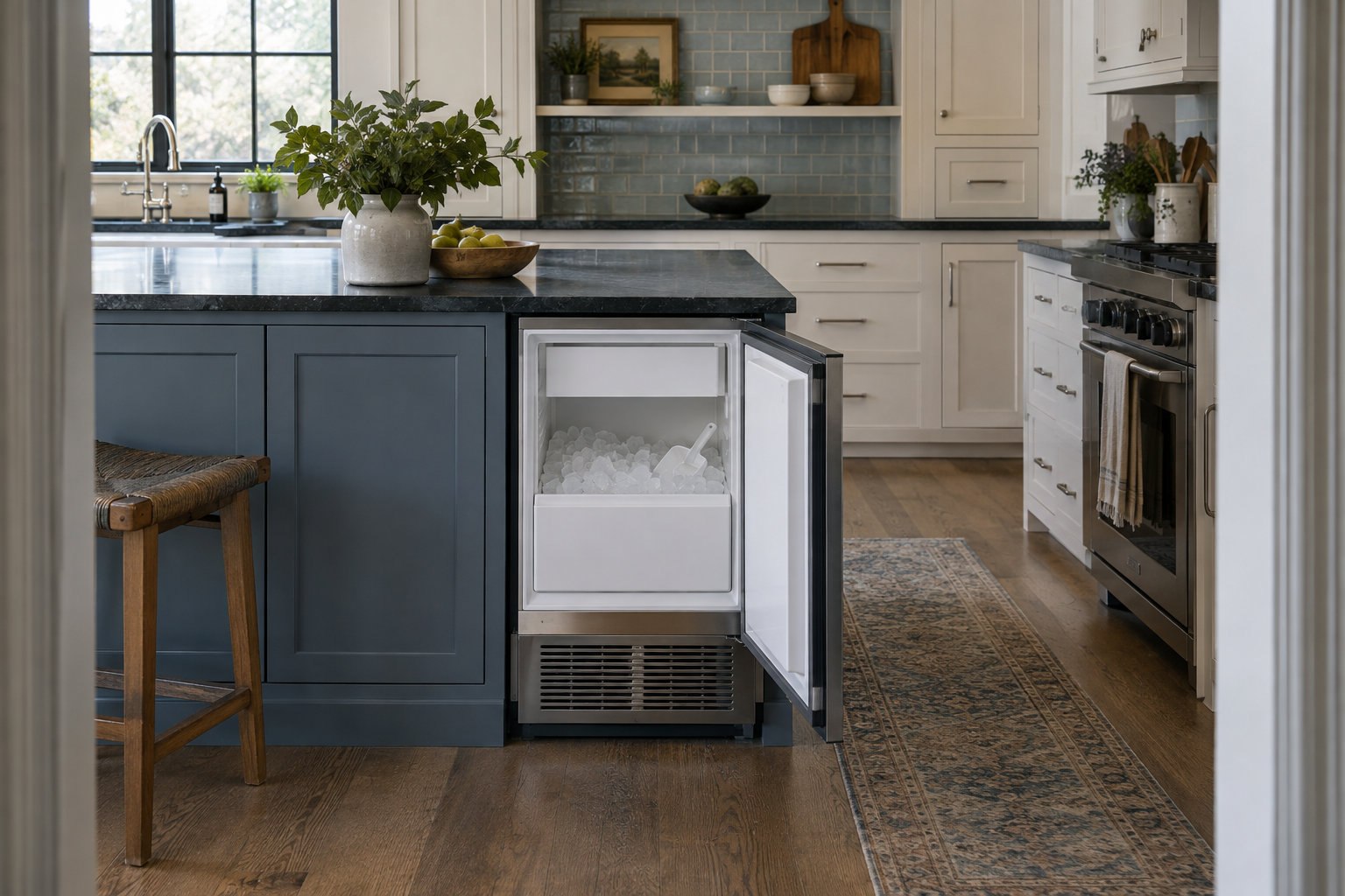 Illustrative Sub-Zero ice maker in a residential kitchen — AI image for Sub-Zero Repair Briarcliff Manor