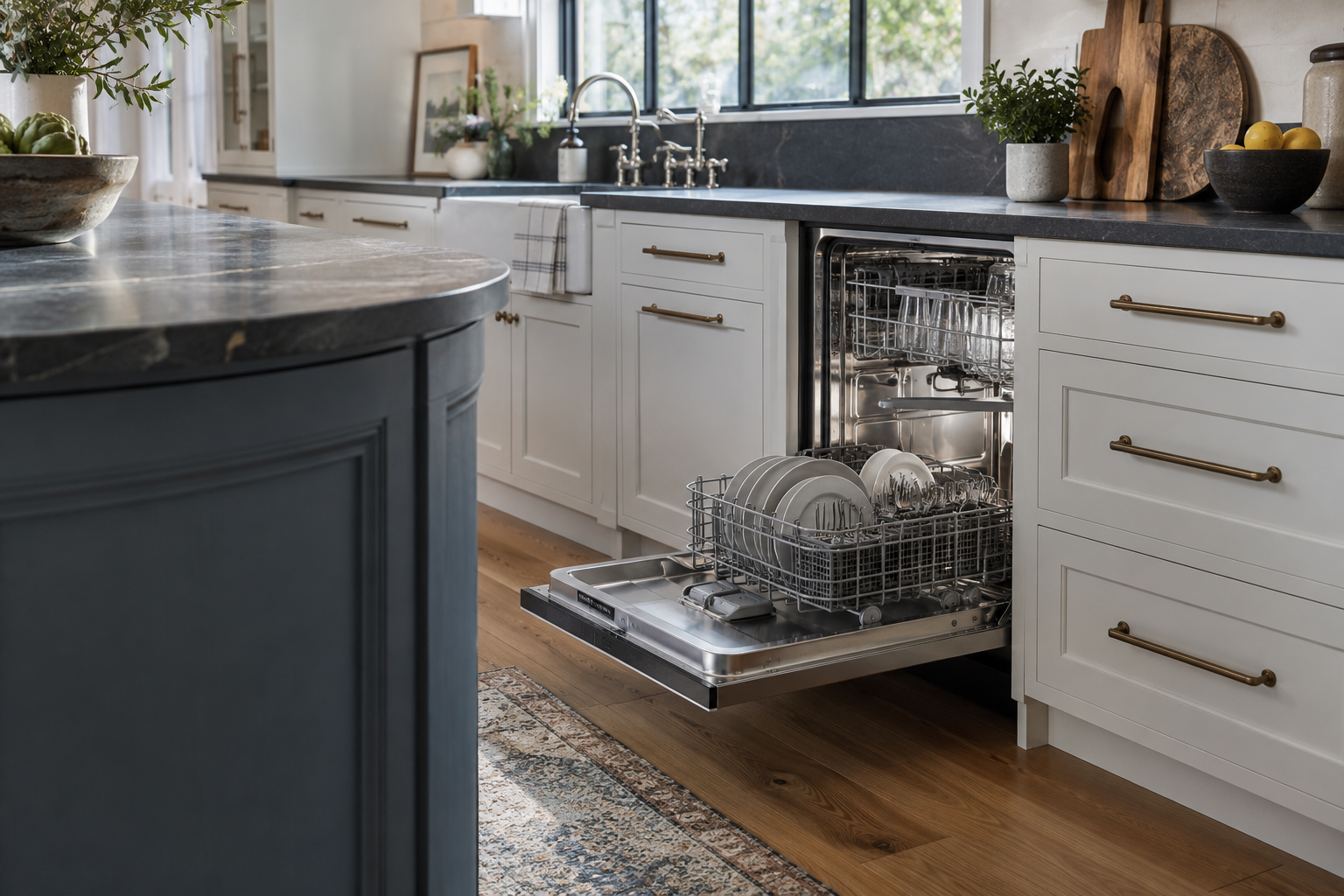 Illustrative Monogram dishwasher in a residential kitchen — AI image for Sub-Zero Repair Briarcliff Manor