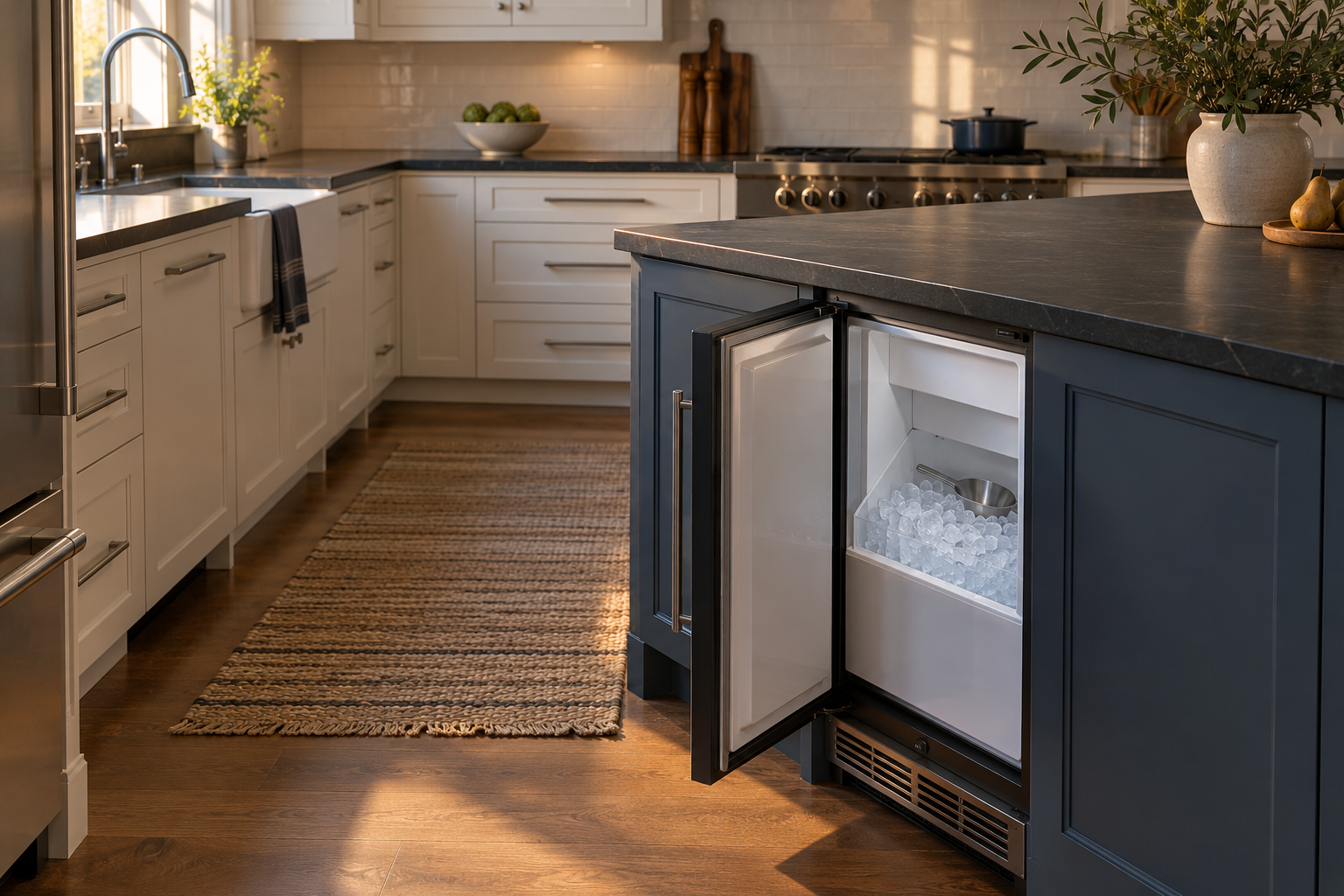 Illustrative Sub-Zero ice maker in a residential kitchen — AI image for Sub-Zero Repair Briarcliff Manor