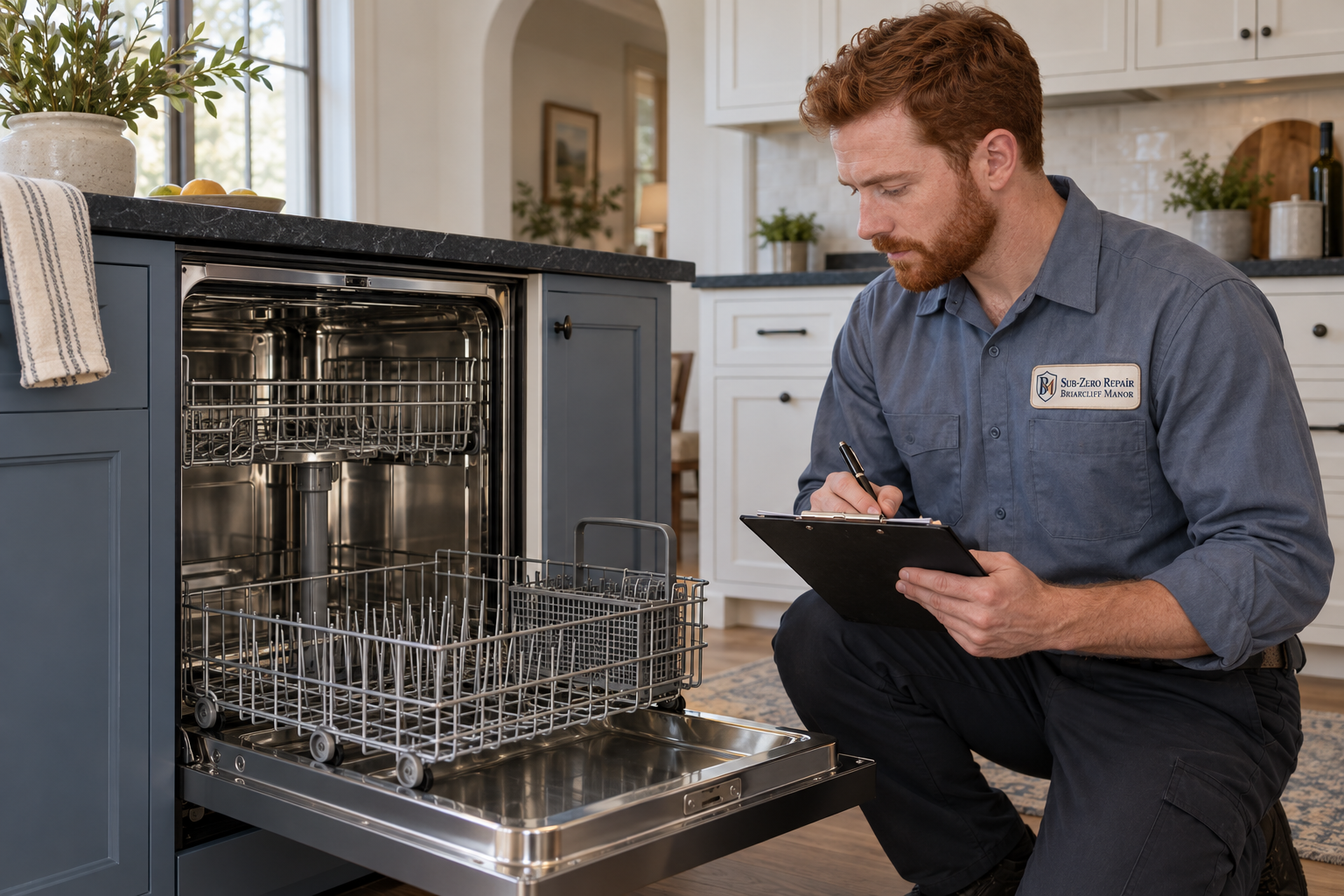 Fictional technician beside a Monogram dishwasher — AI illustration for Sub-Zero Repair Briarcliff Manor