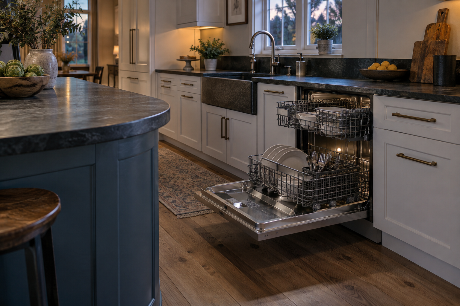 Illustrative Monogram dishwasher in a residential kitchen — AI image for Sub-Zero Repair Briarcliff Manor