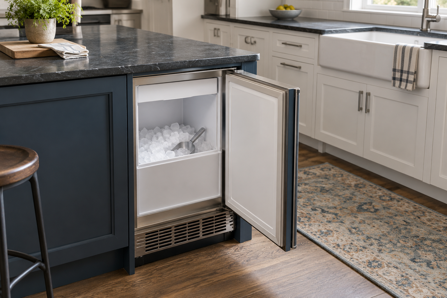 Illustrative Sub-Zero ice maker in a residential kitchen — AI image for Sub-Zero Repair Briarcliff Manor