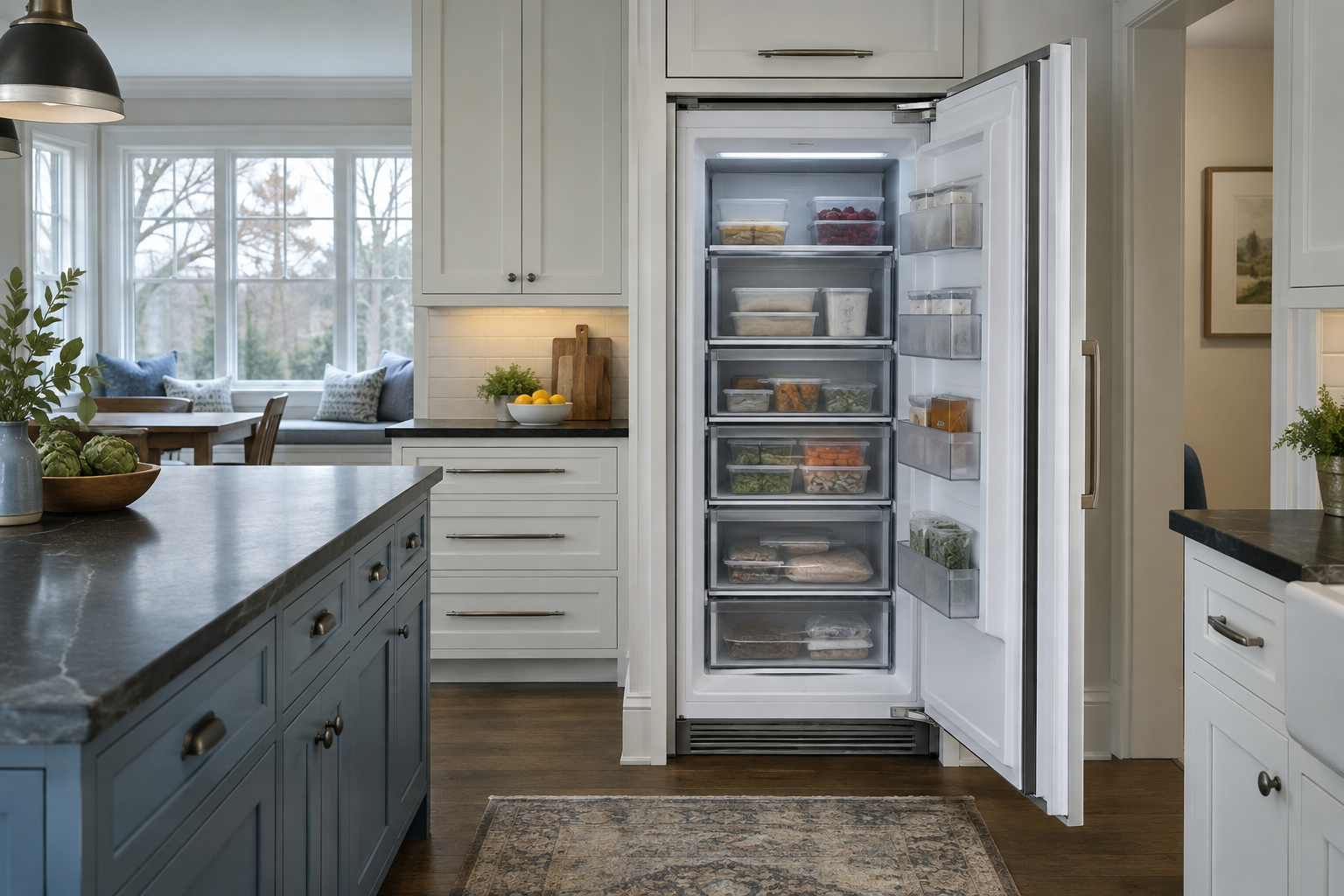 Illustrative Monogram freezer in a residential kitchen — AI image for Sub-Zero Repair Briarcliff Manor