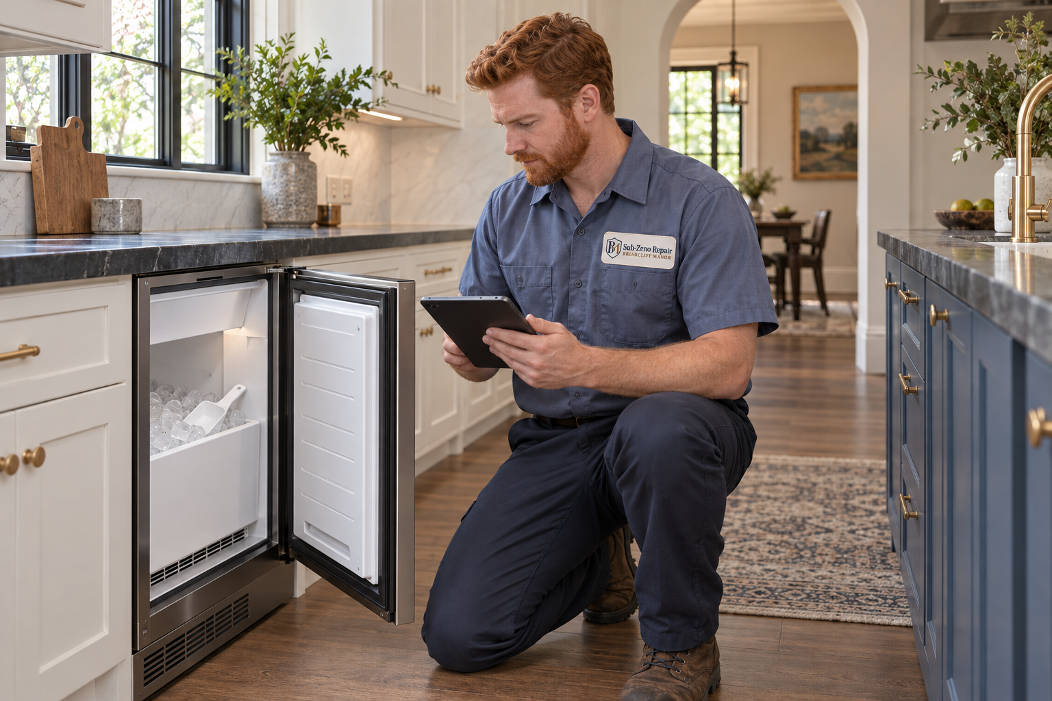 Fictional technician beside a Monogram ice maker — AI illustration for Sub-Zero Repair Briarcliff Manor
