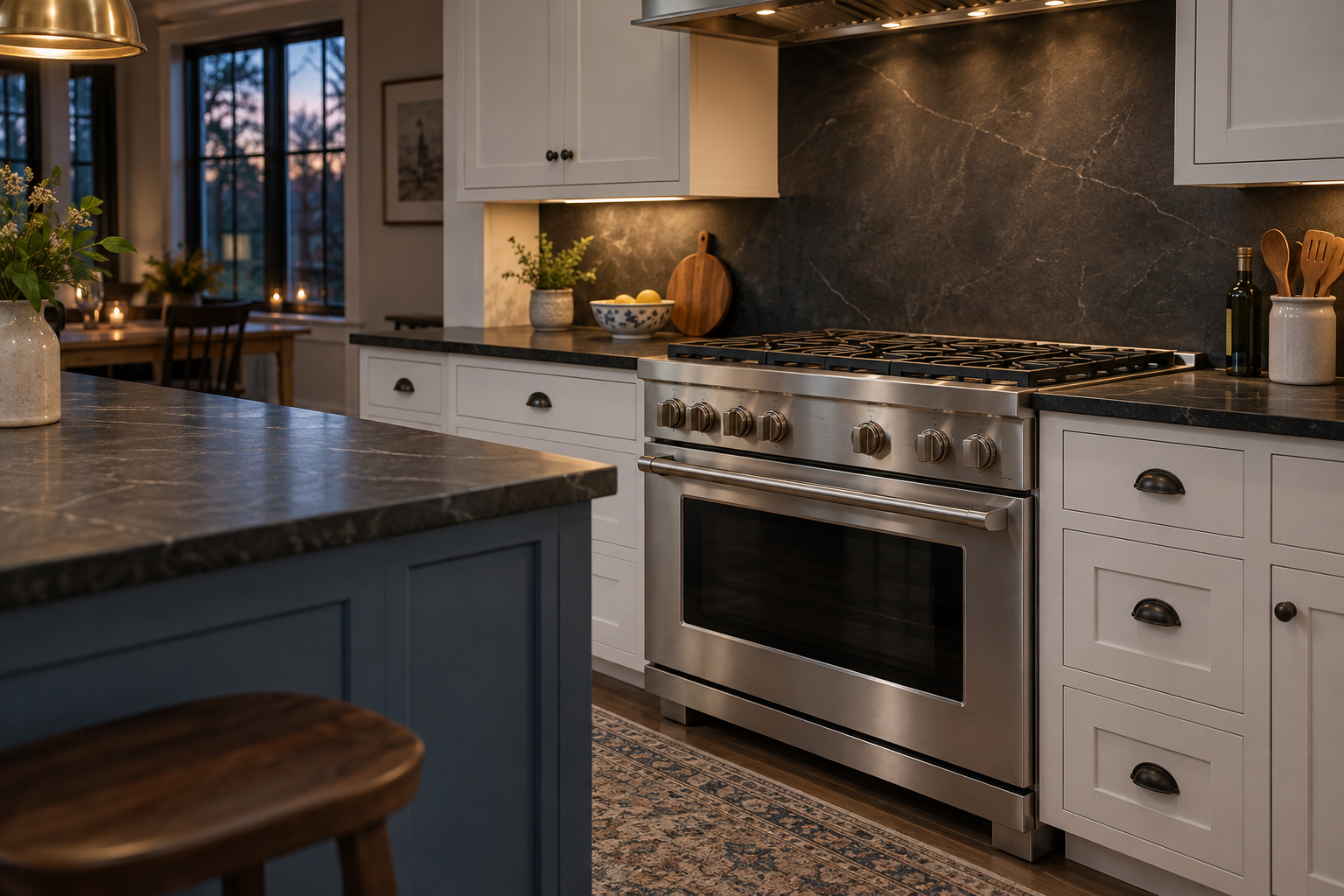 Illustrative Monogram range in a residential kitchen — AI image for Sub-Zero Repair Briarcliff Manor