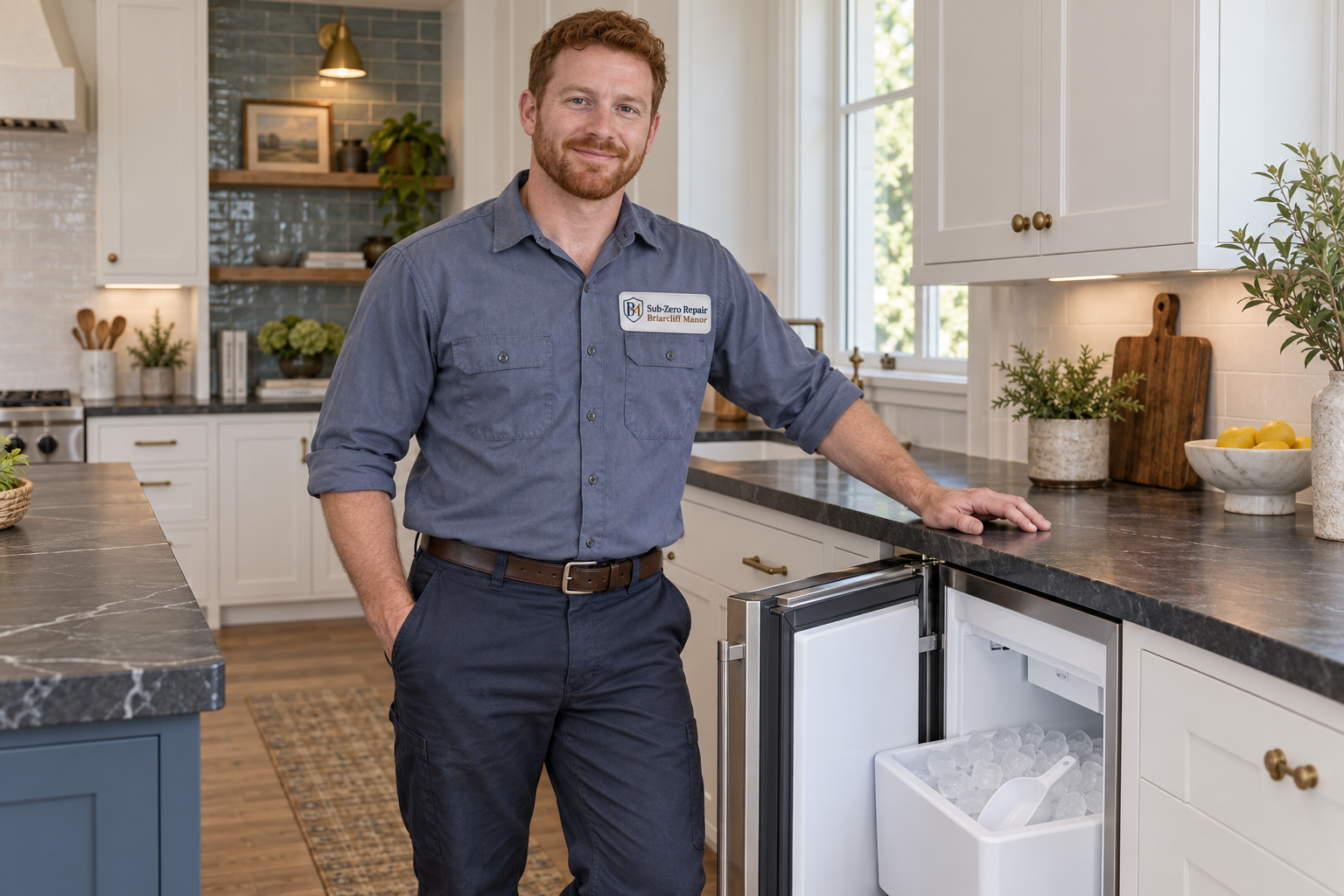 Fictional technician beside a Sub-Zero ice maker — AI illustration for Sub-Zero Repair Briarcliff Manor