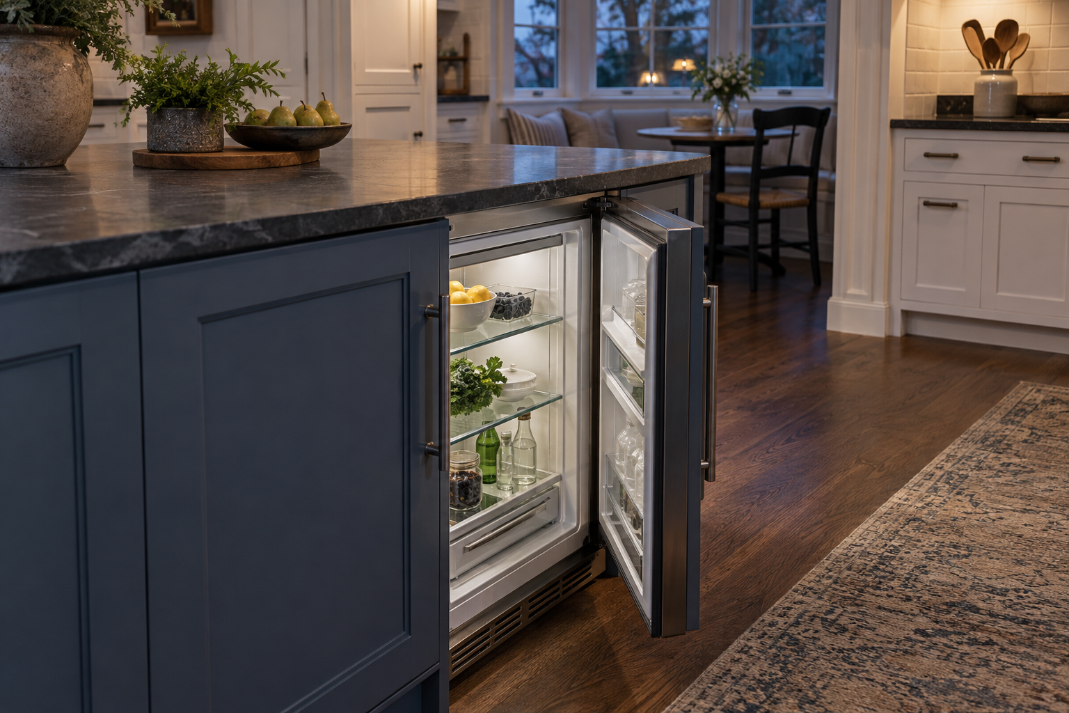 Illustrative Sub-Zero undercounter refrigerator in a residential kitchen — AI image for Sub-Zero Repair Briarcliff Manor
