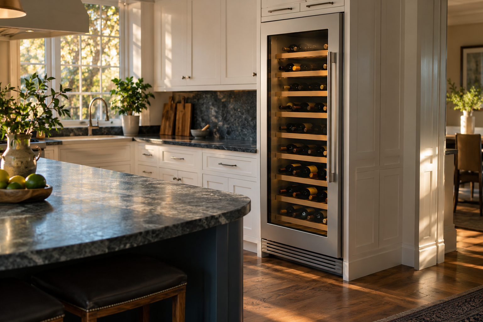 Illustrative Sub-Zero wine cooler in a residential kitchen — AI image for Sub-Zero Repair Briarcliff Manor