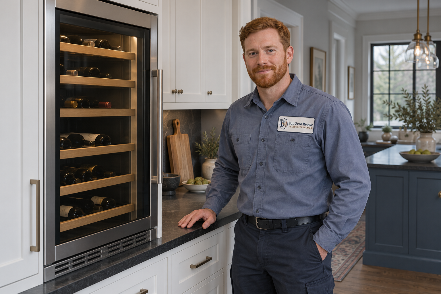 Fictional technician beside a Thermador wine cooler — AI illustration for Sub-Zero Repair Briarcliff Manor