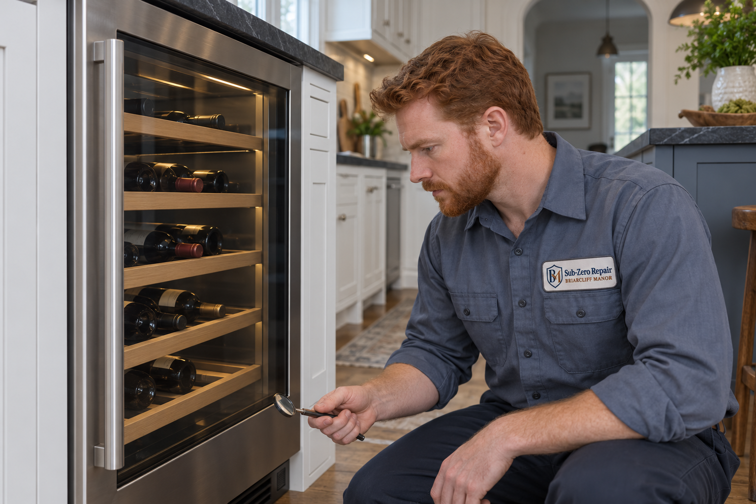 Fictional technician beside a Viking wine cooler — AI illustration for Sub-Zero Repair Briarcliff Manor