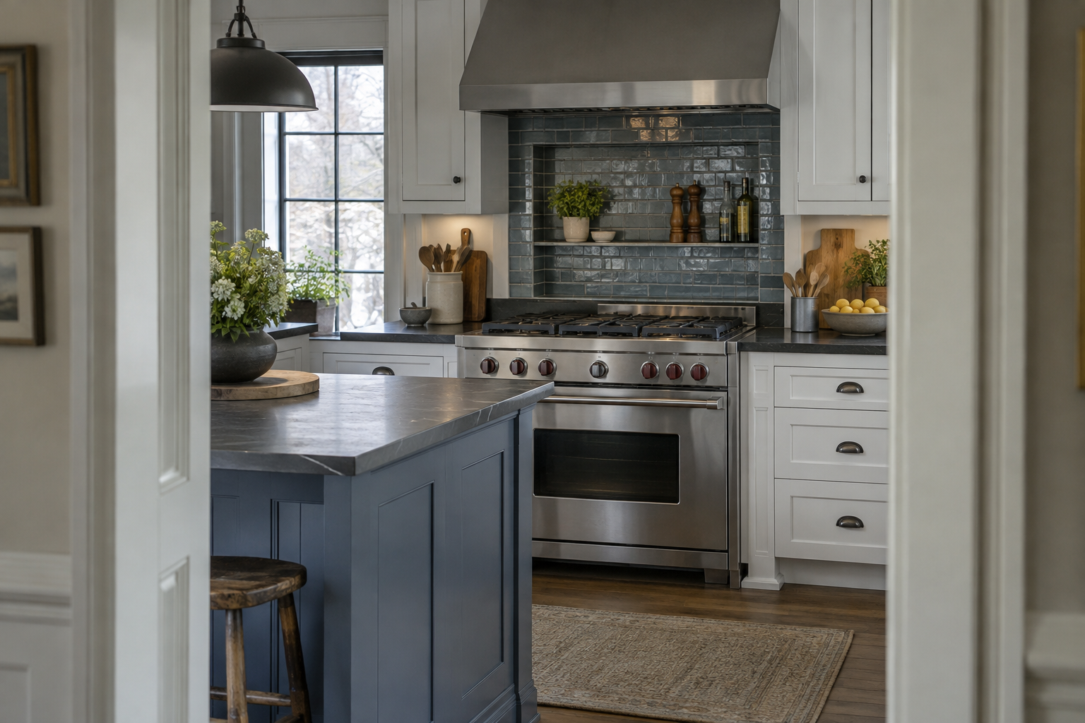 Illustrative Wolf range in a residential kitchen — AI image for Sub-Zero Repair Briarcliff Manor